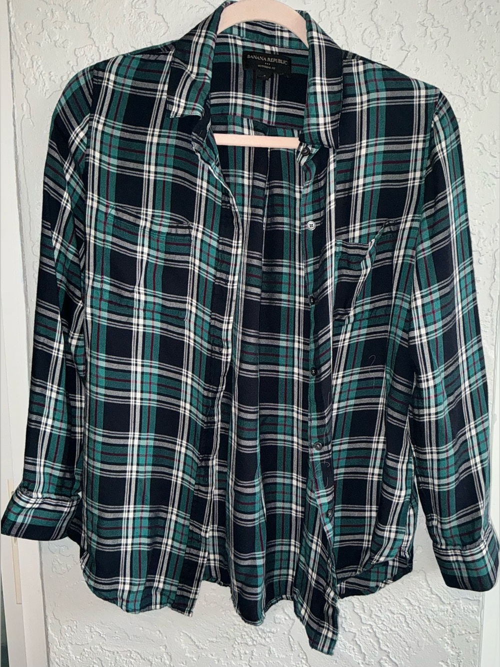 Banana Republic Navy, Green & White Plaid Button-Down Shirt